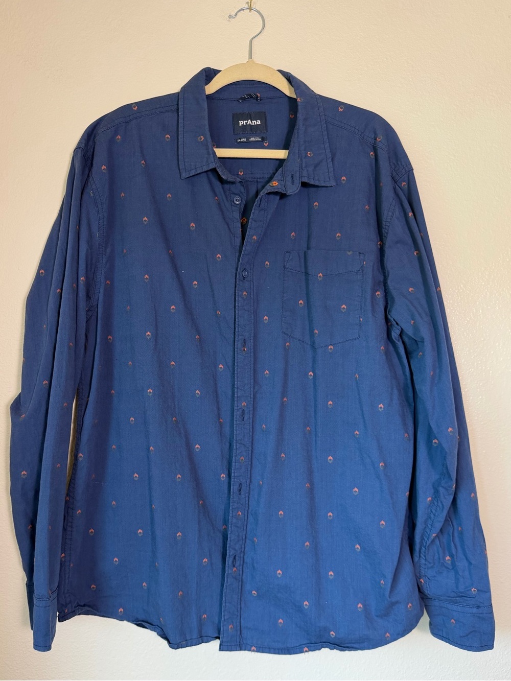 prAna Men’s Navy Blue Long-Sleeve Organic Cotton Button-Up Shirt, XXL